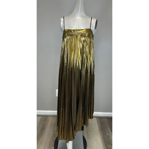 Milly Gold metallic Pleated Midi Dress Sz 10 - Picture 3 of 11